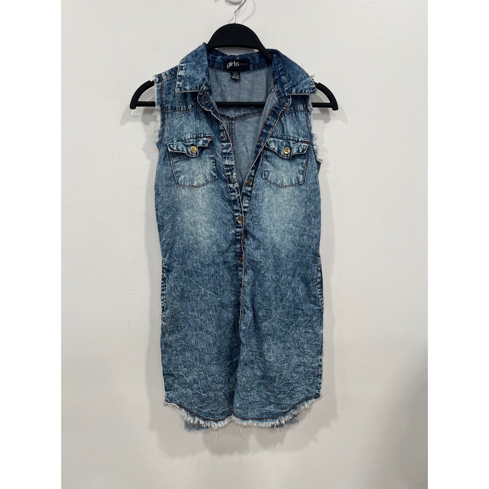 Girls Denim Vest Dress Kids 10/12 Blue Excellent Acid Wash Distressed Frayed Hem